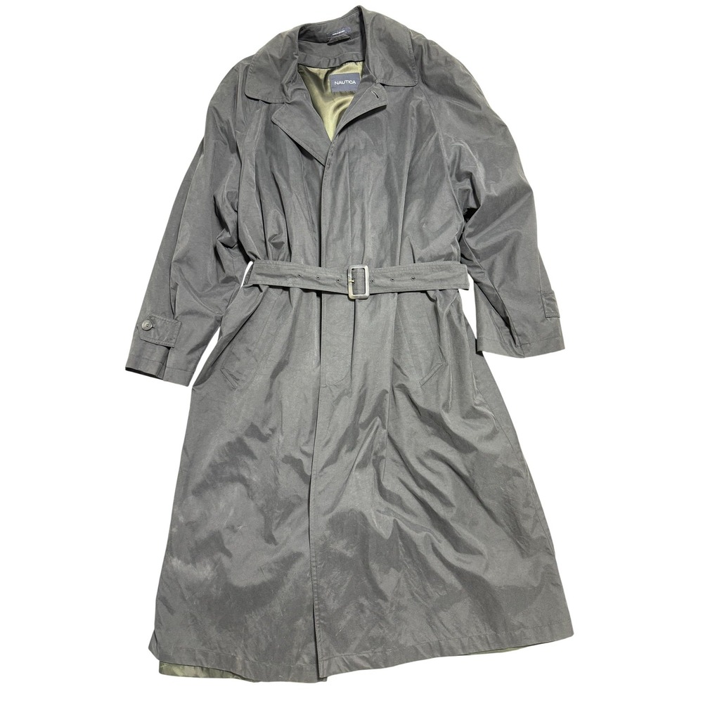 Nautica Trench Coat Mens 44R Gray Belted Long Overcoat Removable Liner Rain